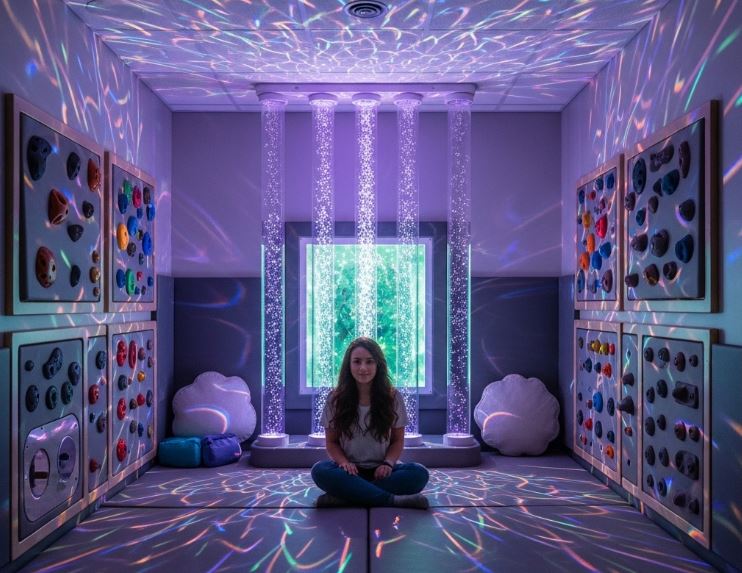 Girl benefitting from therapeutic calming sensory room space