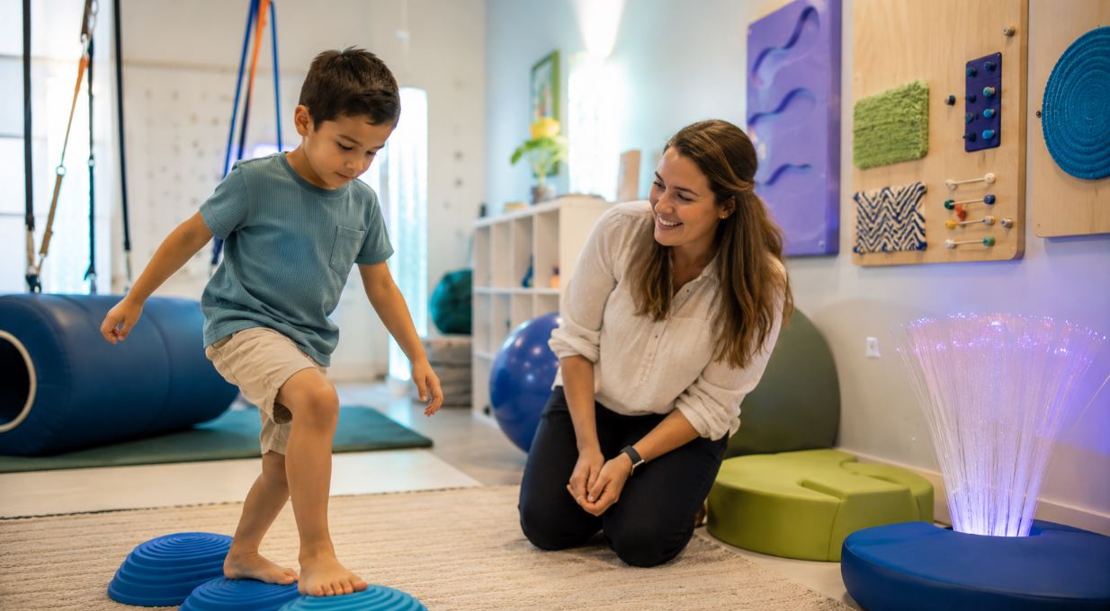 Boy playing in multi-sensory integration room