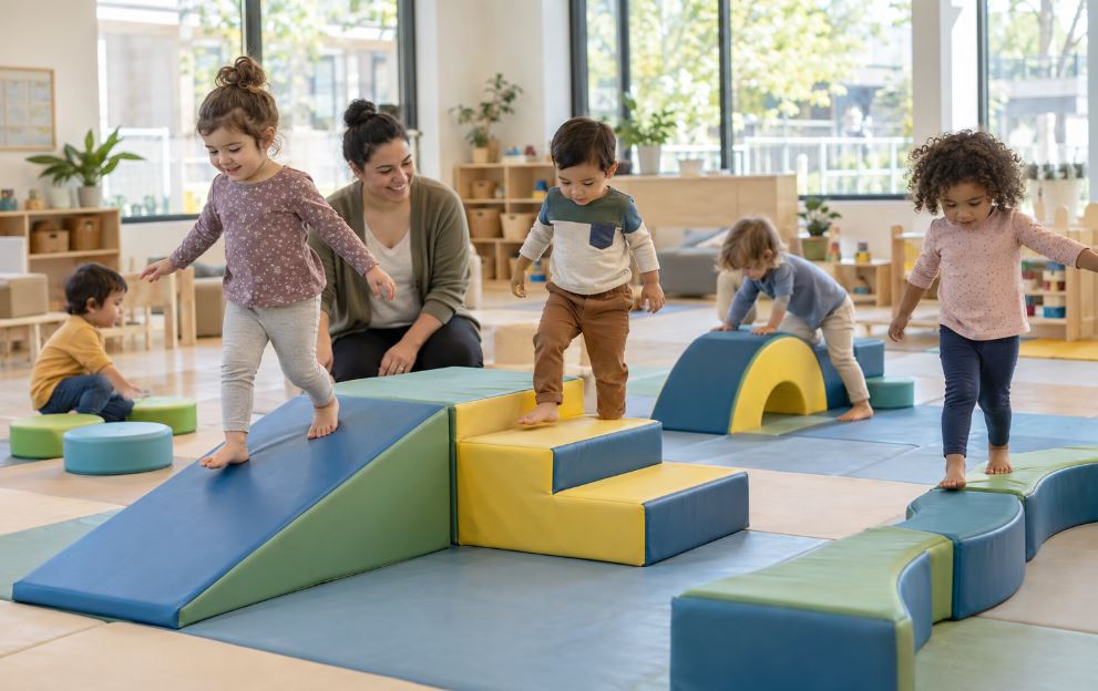 Preschool children using padded soft play equipment in a supervised daycare play area